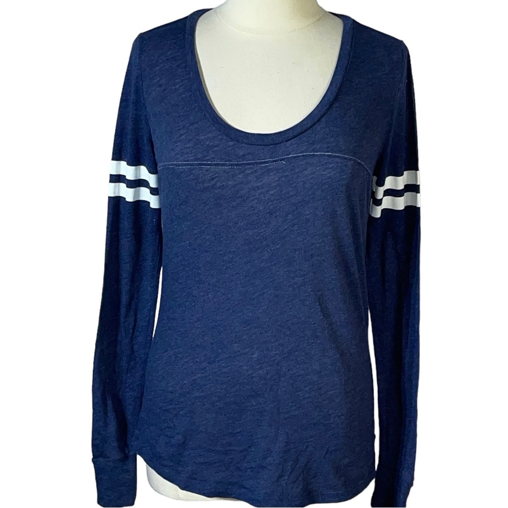 Victoria’s Secret PINK Indigo Navy Scoop Neck Varsity Arm Stripe Long Sleeve Tee